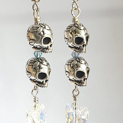 Metallic Sugar Skull and Czech Glass Butterfly earrings