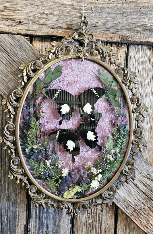 Brass Vintage Italian Gothic bubble frame with butterflies & dried flowers