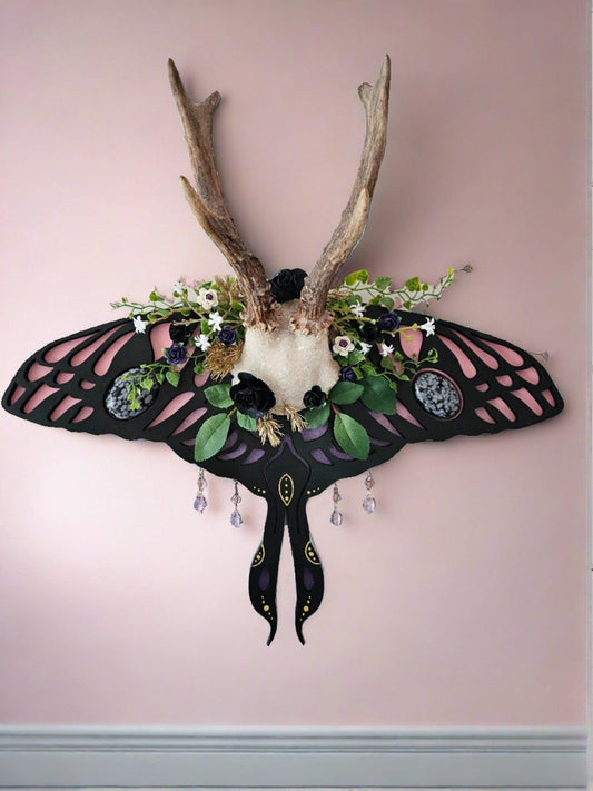 Antler art laser- Roe deer on Lunar moth frame with gemstones - That Creative Feeling