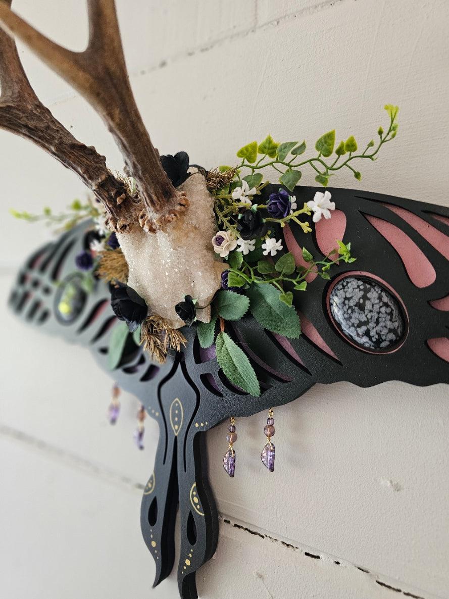 Antler art laser- Roe deer on Lunar moth frame with gemstones - That Creative Feeling
