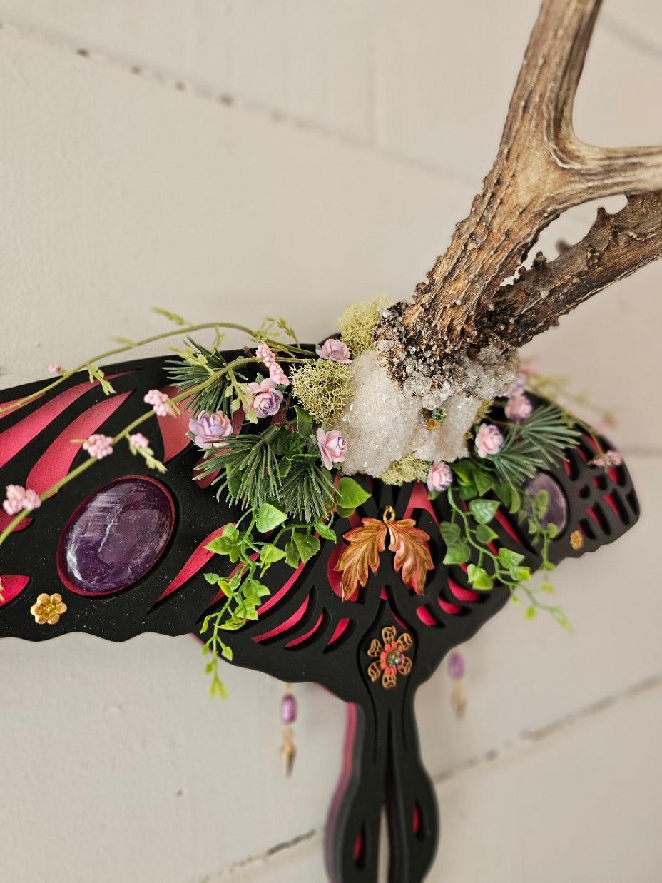 Antler art laser- Roe deer on Lunar moth frame with gemstones - That Creative Feeling