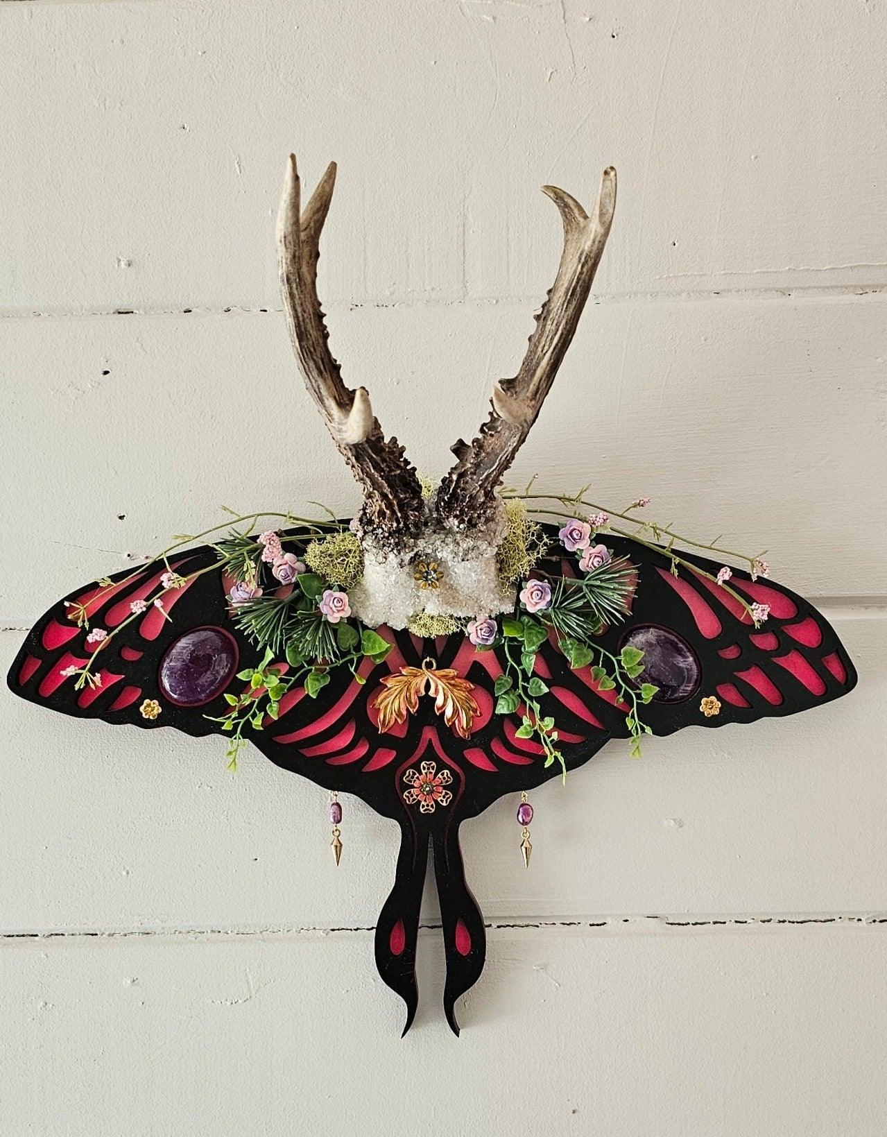 Antler art laser- Roe deer on Lunar moth frame with gemstones - That Creative Feeling