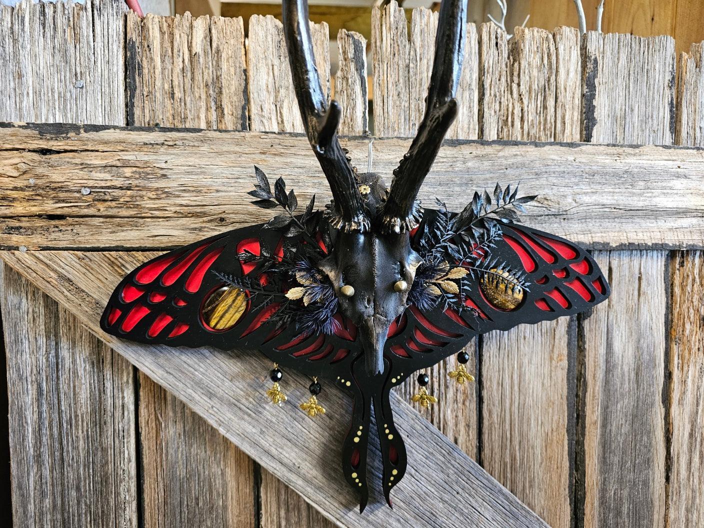 Antler art laser- Roe deer on Lunar moth frame with gemstones - That Creative Feeling