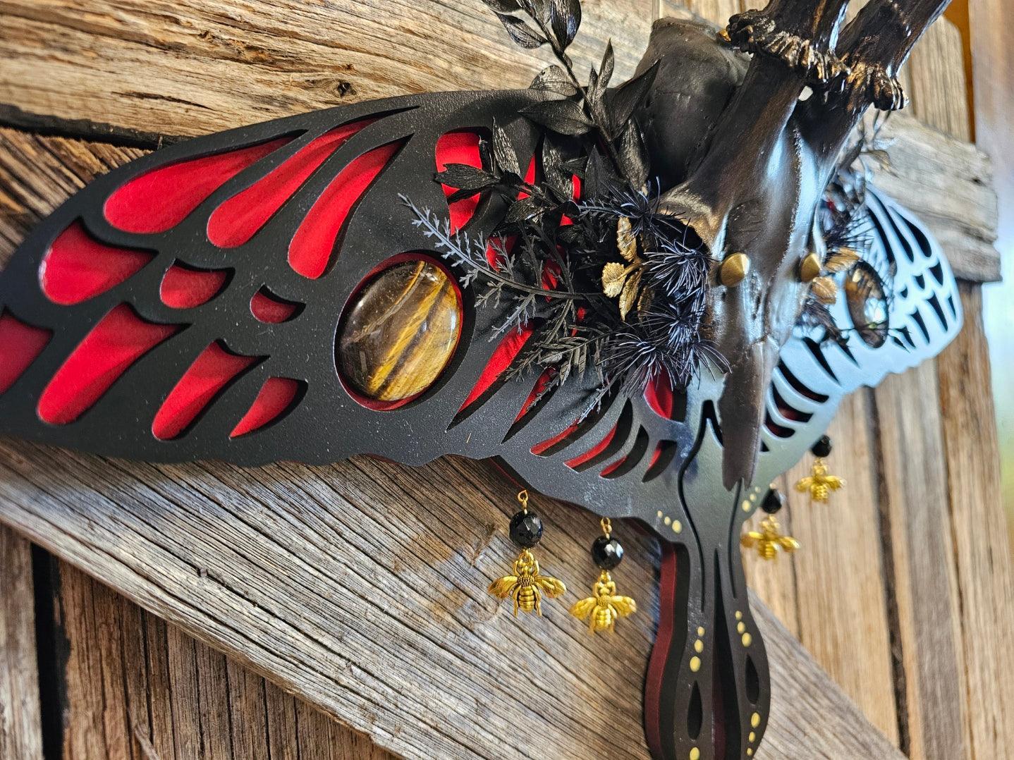 Antler art laser- Roe deer on Lunar moth frame with gemstones - That Creative Feeling