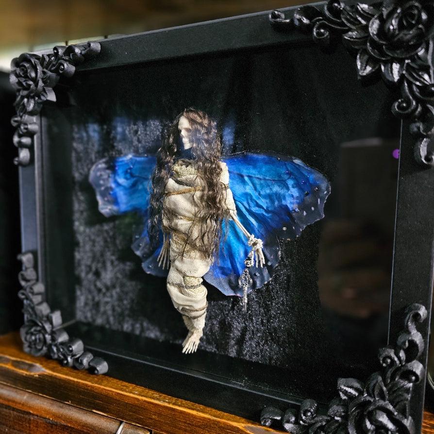 Dead Fairies - Blue Morpho mummified in a black Gothic frame - That Creative Feeling