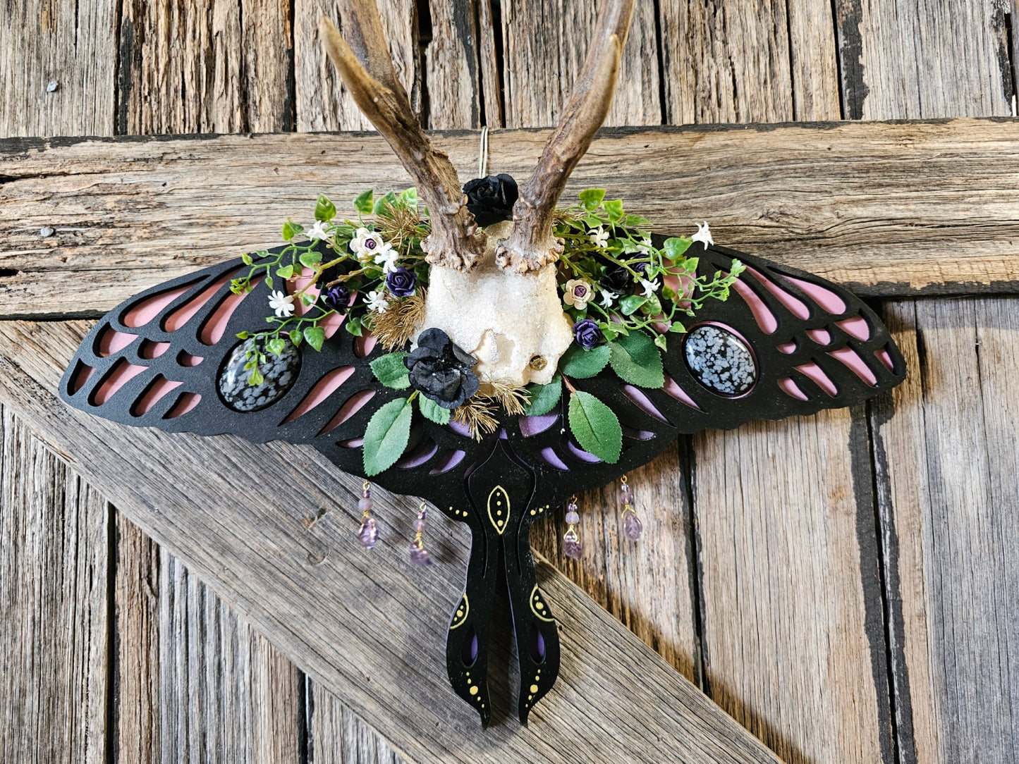 Antler art laser- Roe deer on Lunar moth frame with gemstones