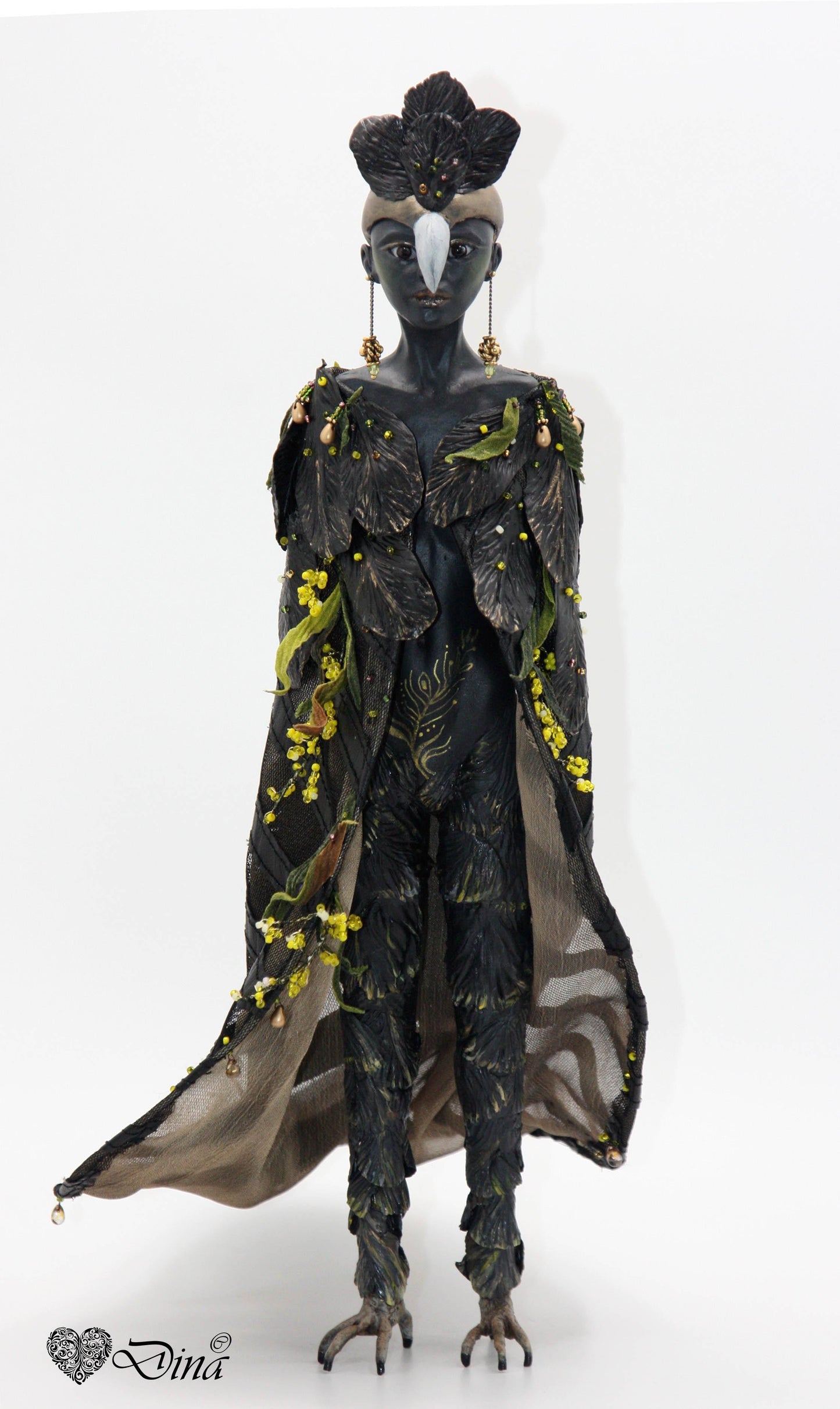 SOLD - 'Black Gold' - Fantasy art doll - Woman bird sculpture - That Creative Feeling
