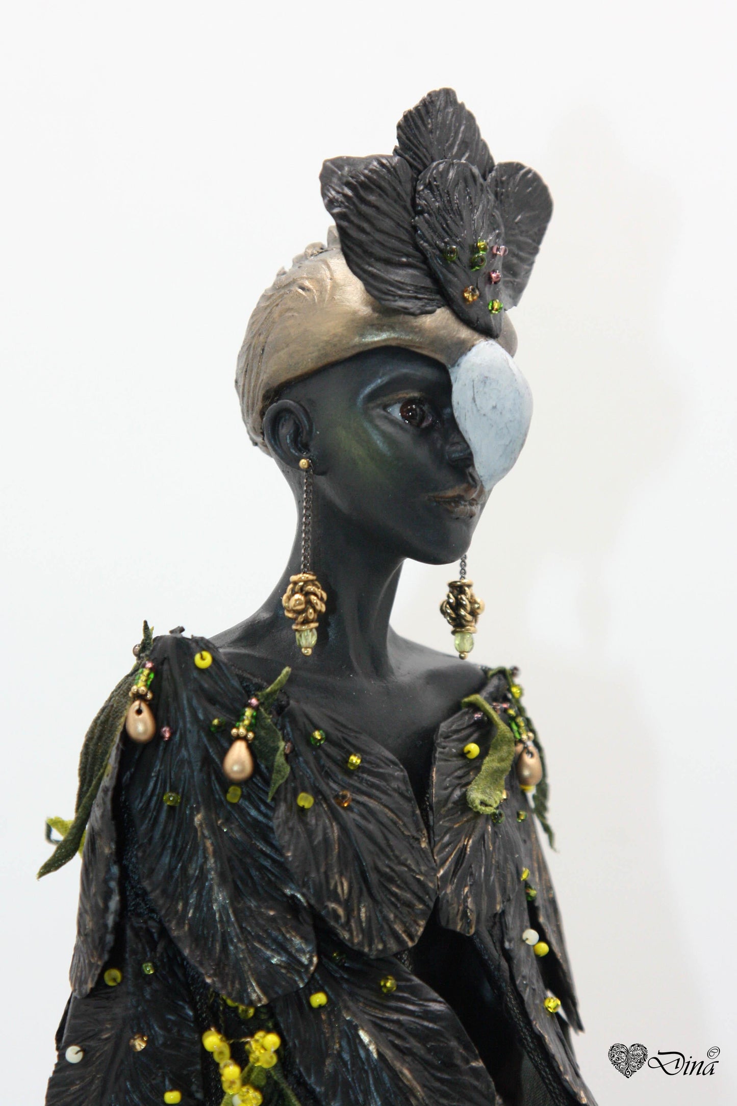 SOLD - 'Black Gold' - Fantasy art doll - Woman bird sculpture - That Creative Feeling