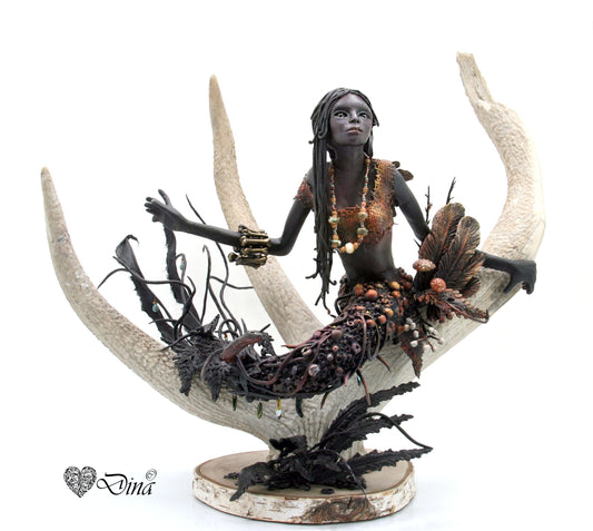 SOLD – Miinara – night sprite on deer antler art doll by Dina - That Creative Feeling