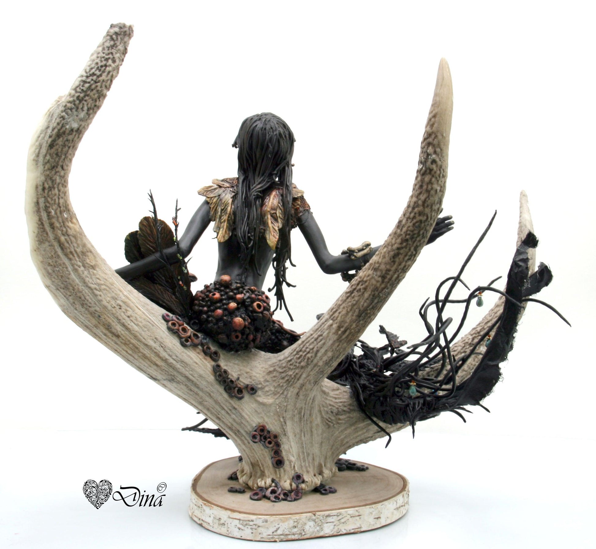 SOLD – Miinara – night sprite on deer antler art doll by Dina - That Creative Feeling