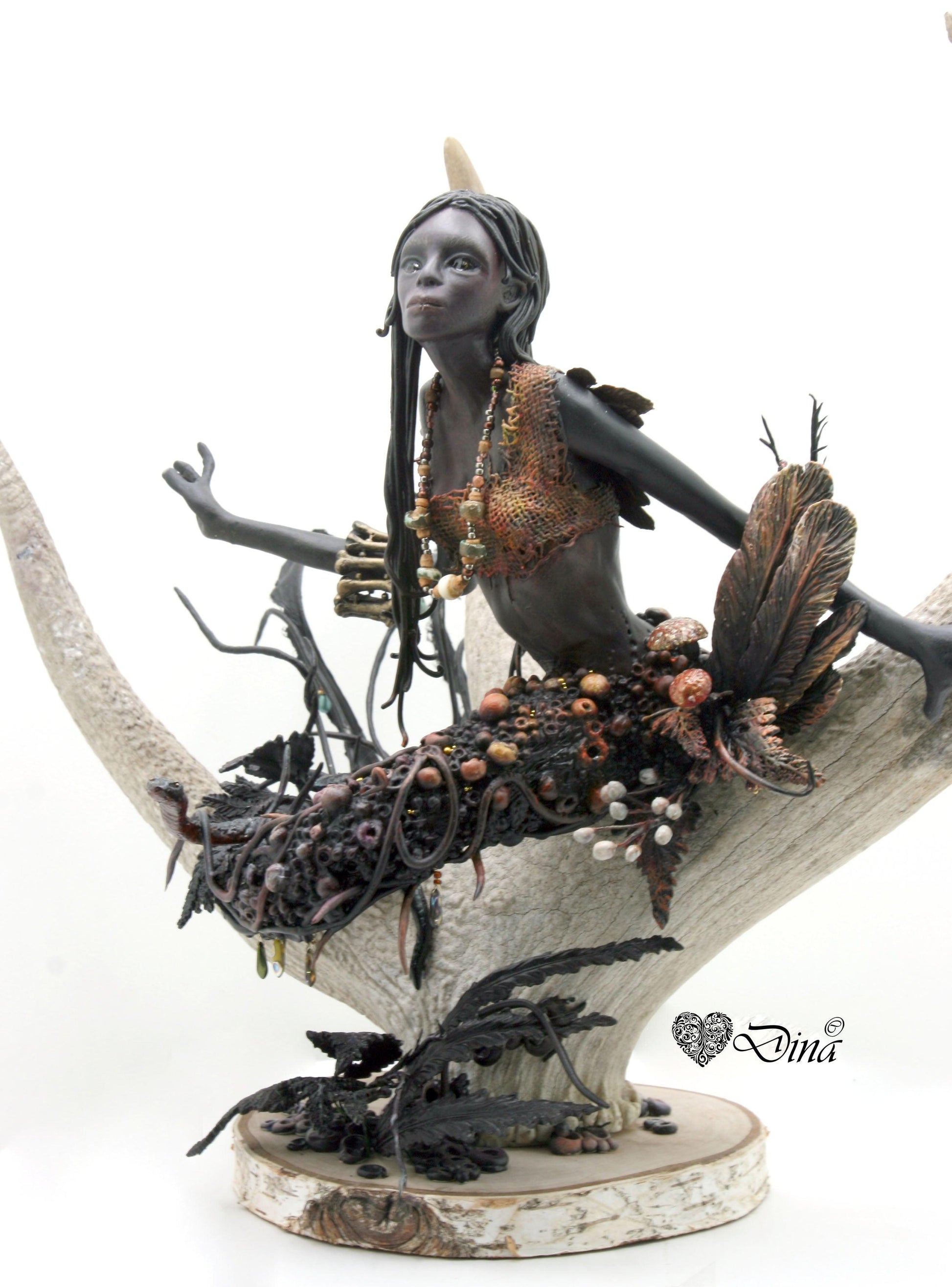 SOLD – Miinara – night sprite on deer antler art doll by Dina - That Creative Feeling