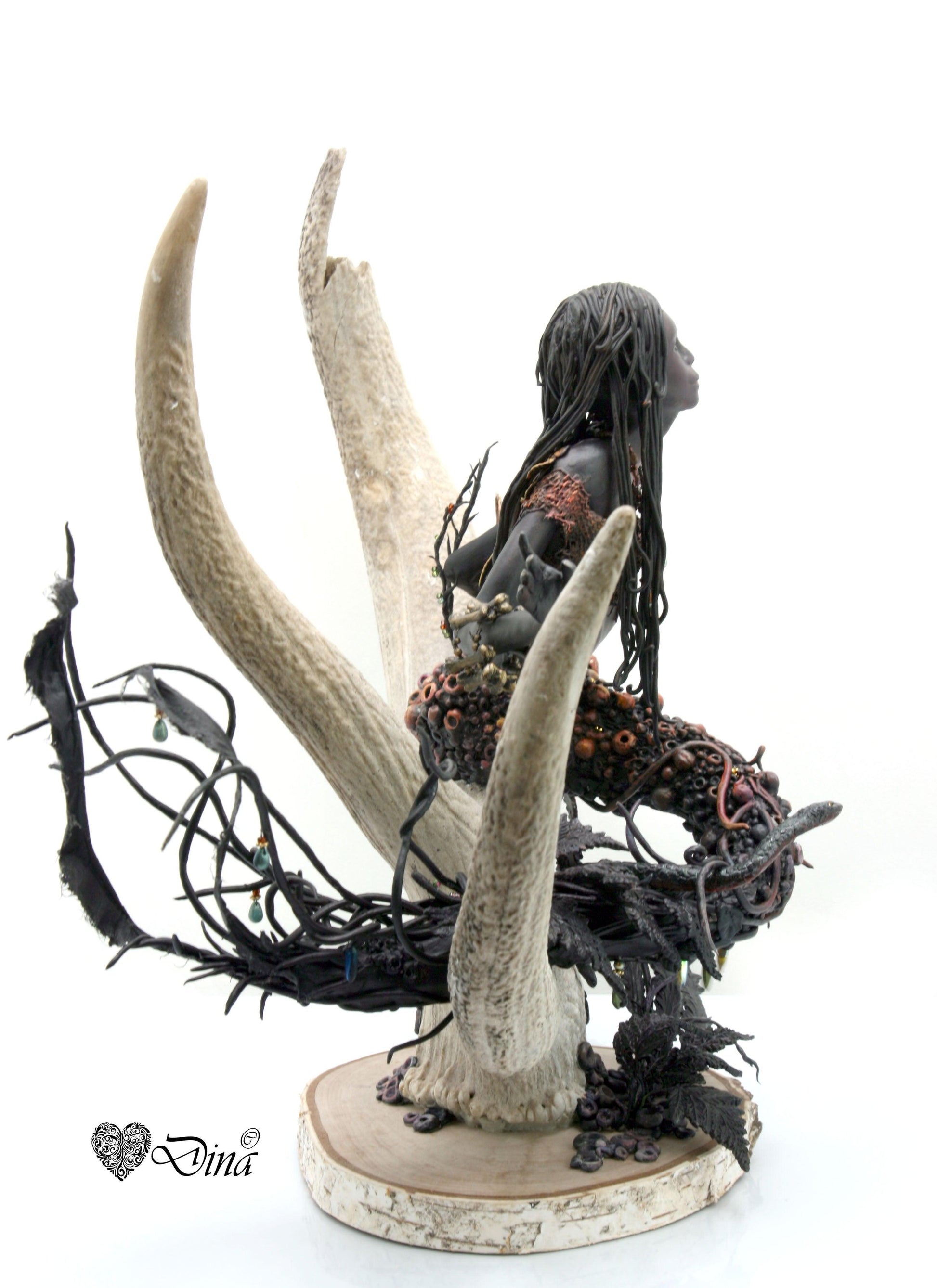 SOLD – Miinara – night sprite on deer antler art doll by Dina - That Creative Feeling