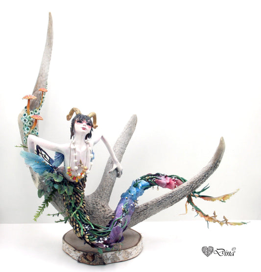 SOLD – Shameira – wood sprite on deer antler art doll by Dina - That Creative Feeling