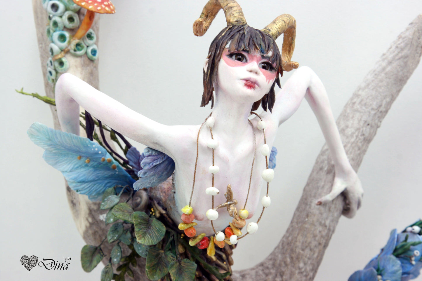 SOLD – Shameira – wood sprite on deer antler art doll by Dina - That Creative Feeling