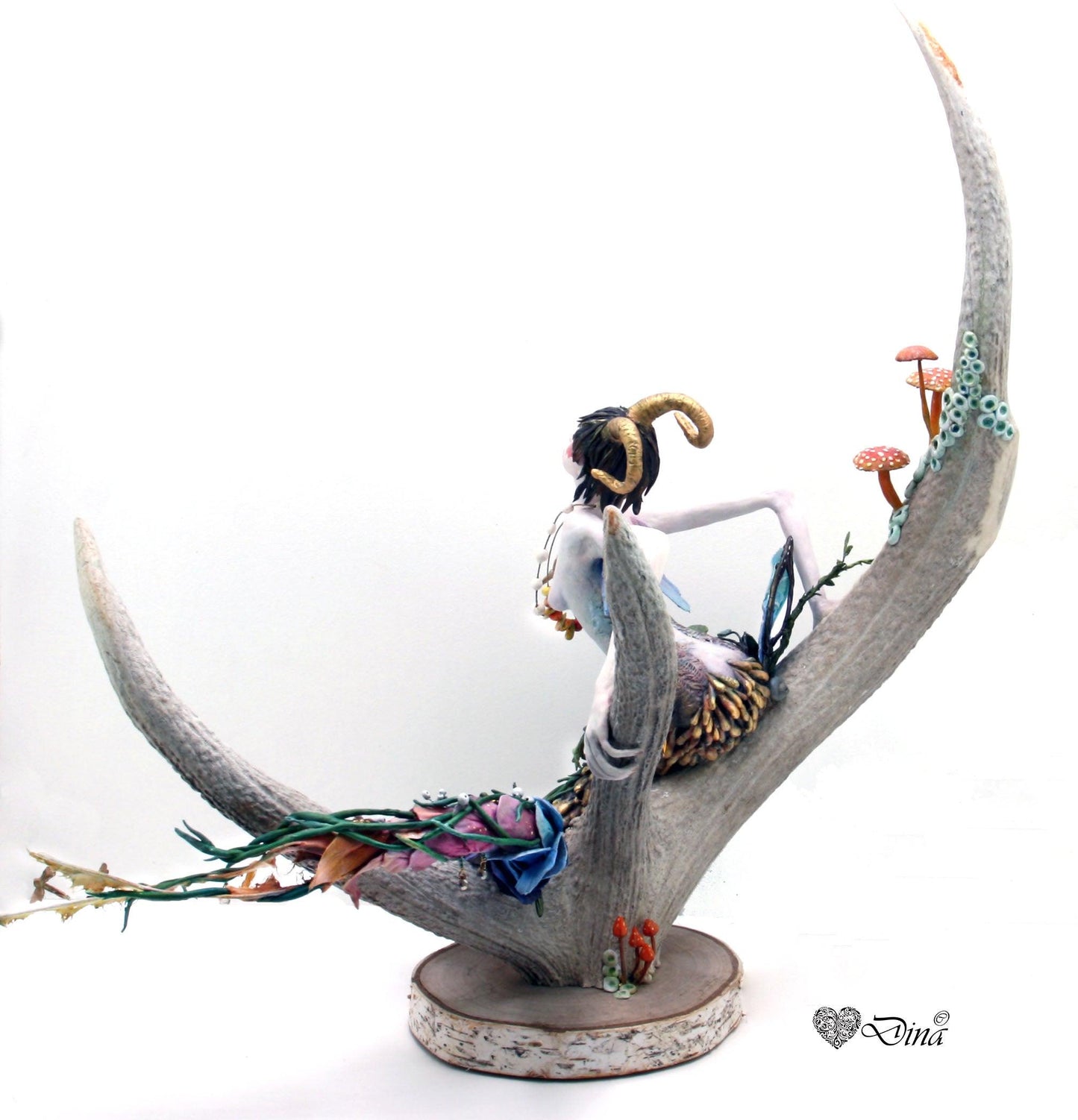 SOLD – Shameira – wood sprite on deer antler art doll by Dina - That Creative Feeling