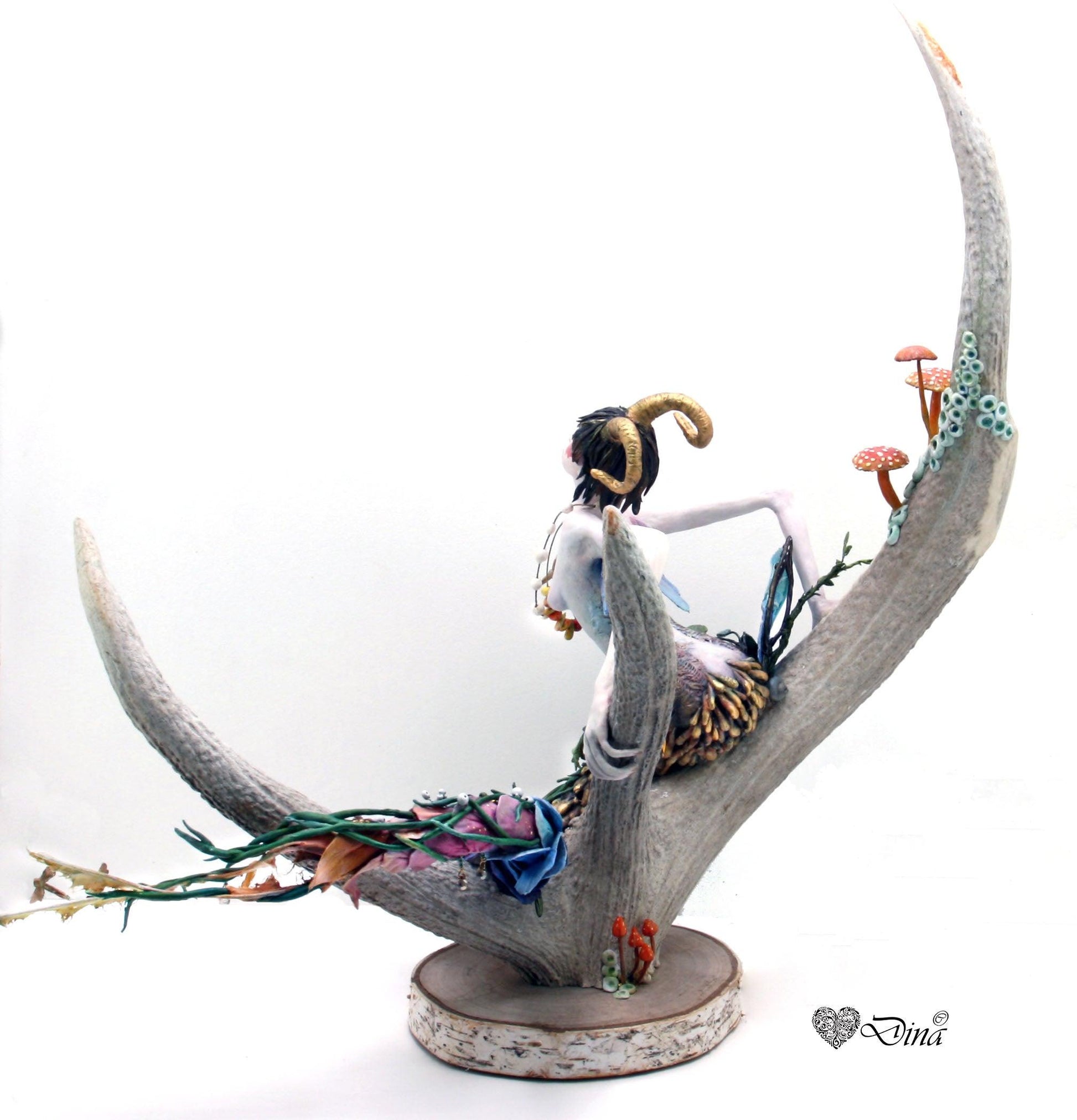 SOLD – Shameira – wood sprite on deer antler art doll by Dina - That Creative Feeling