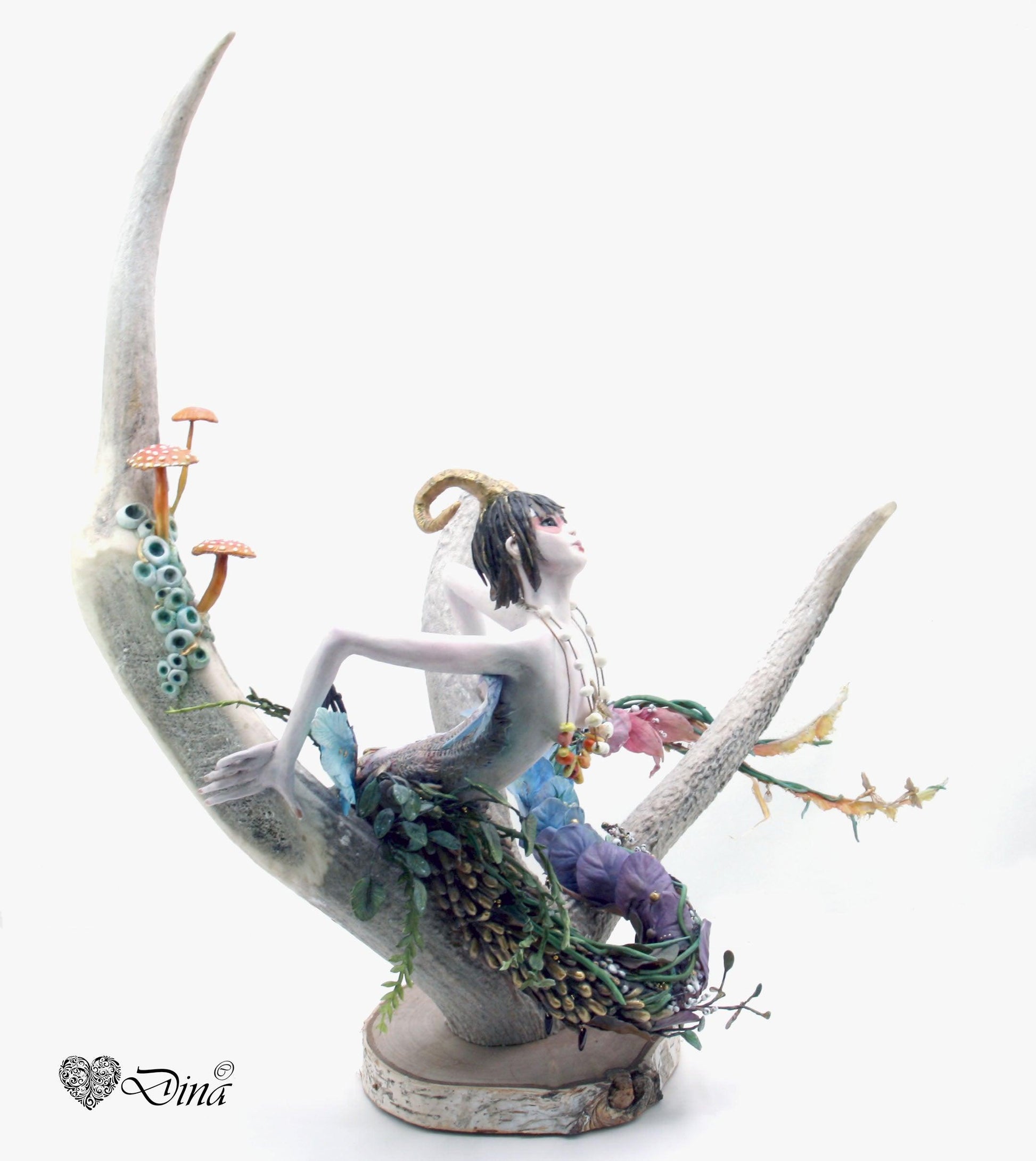 SOLD – Shameira – wood sprite on deer antler art doll by Dina - That Creative Feeling