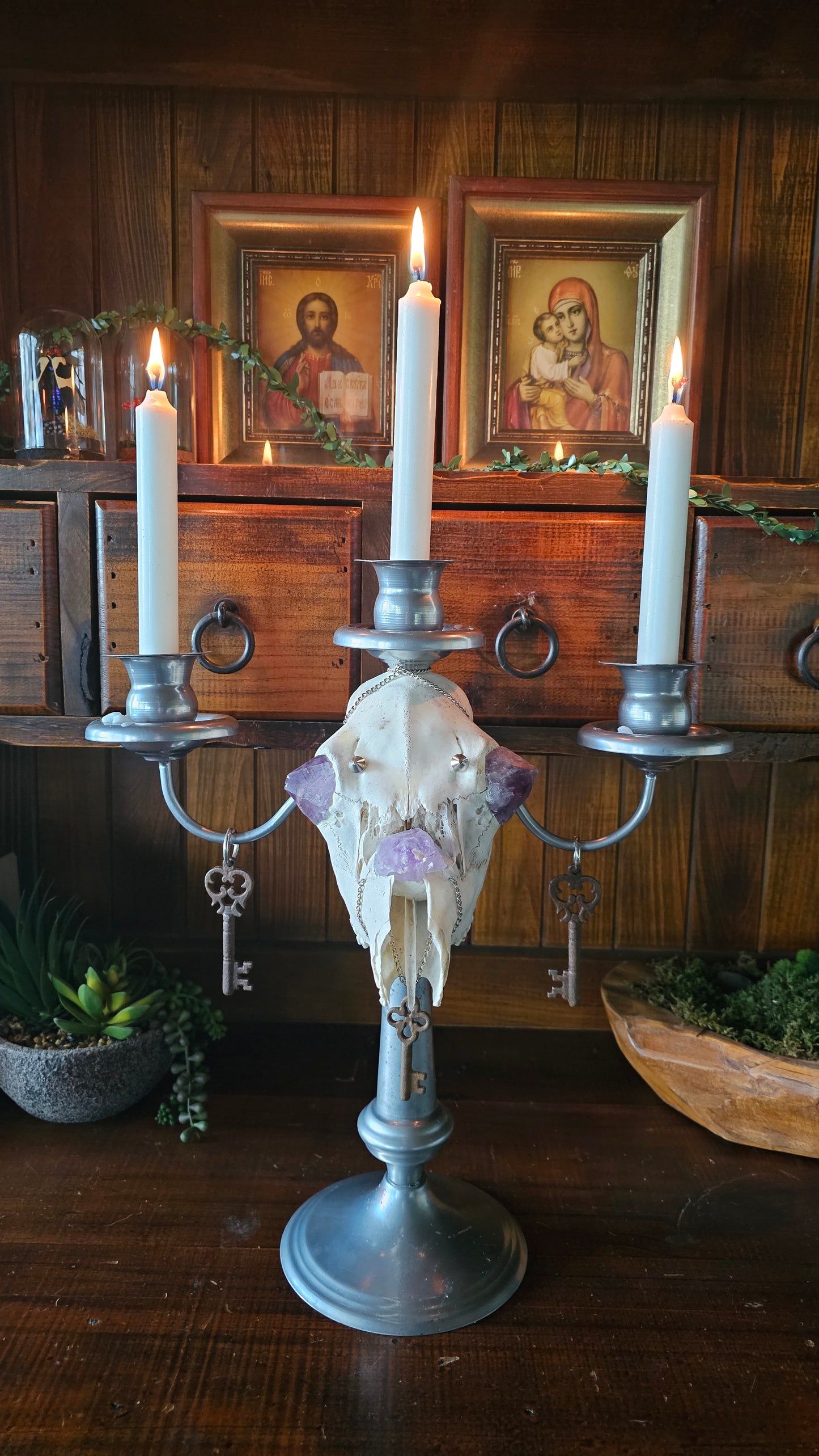 Candle holder - real skull on vintage candle stick