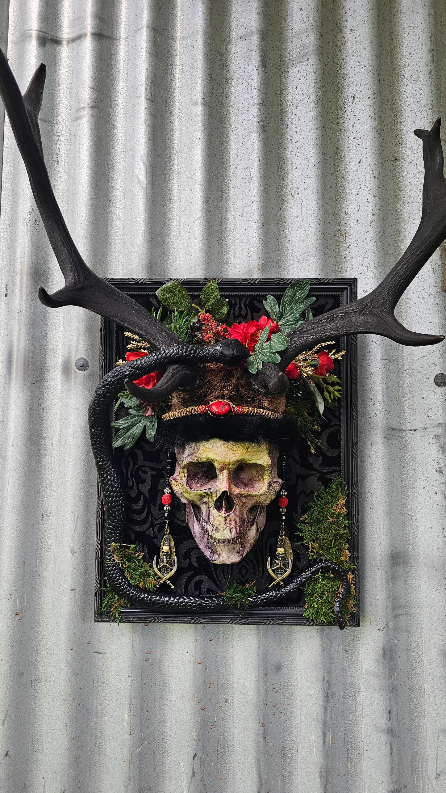 Deer antlers - 'Ancients Lost vi' fallow deer with human-sized skull and snake art