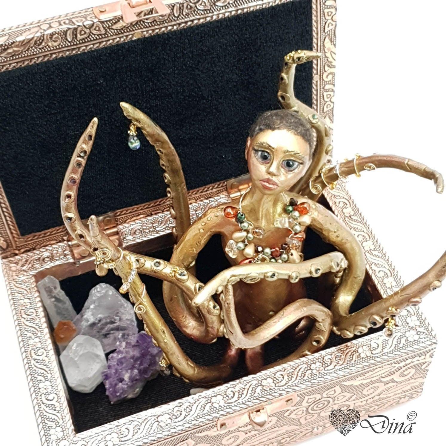 Sculpture - Octopus gold and crystal - mythical fantasy OOAK art doll in jewelry box - That Creative Feeling