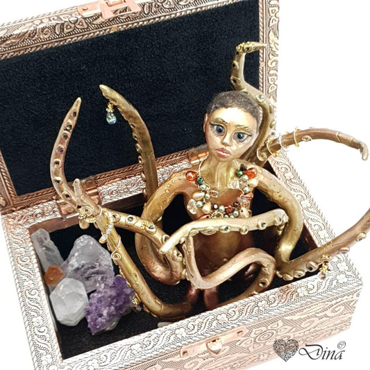 Sculpture - Octopus gold and crystal - mythical fantasy OOAK art doll in jewelry box - That Creative Feeling