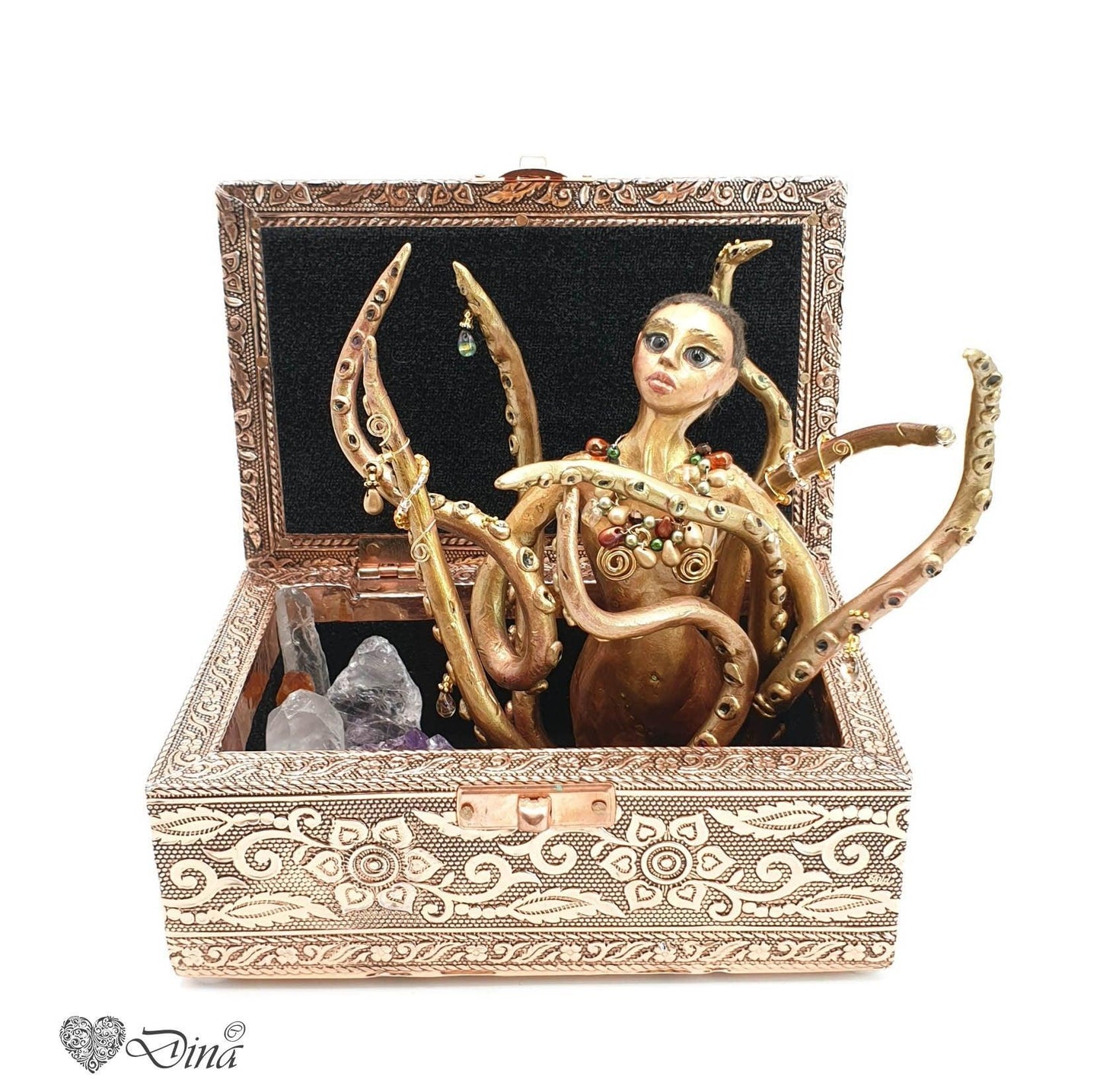 Sculpture - Octopus gold and crystal - mythical fantasy OOAK art doll in jewelry box - That Creative Feeling