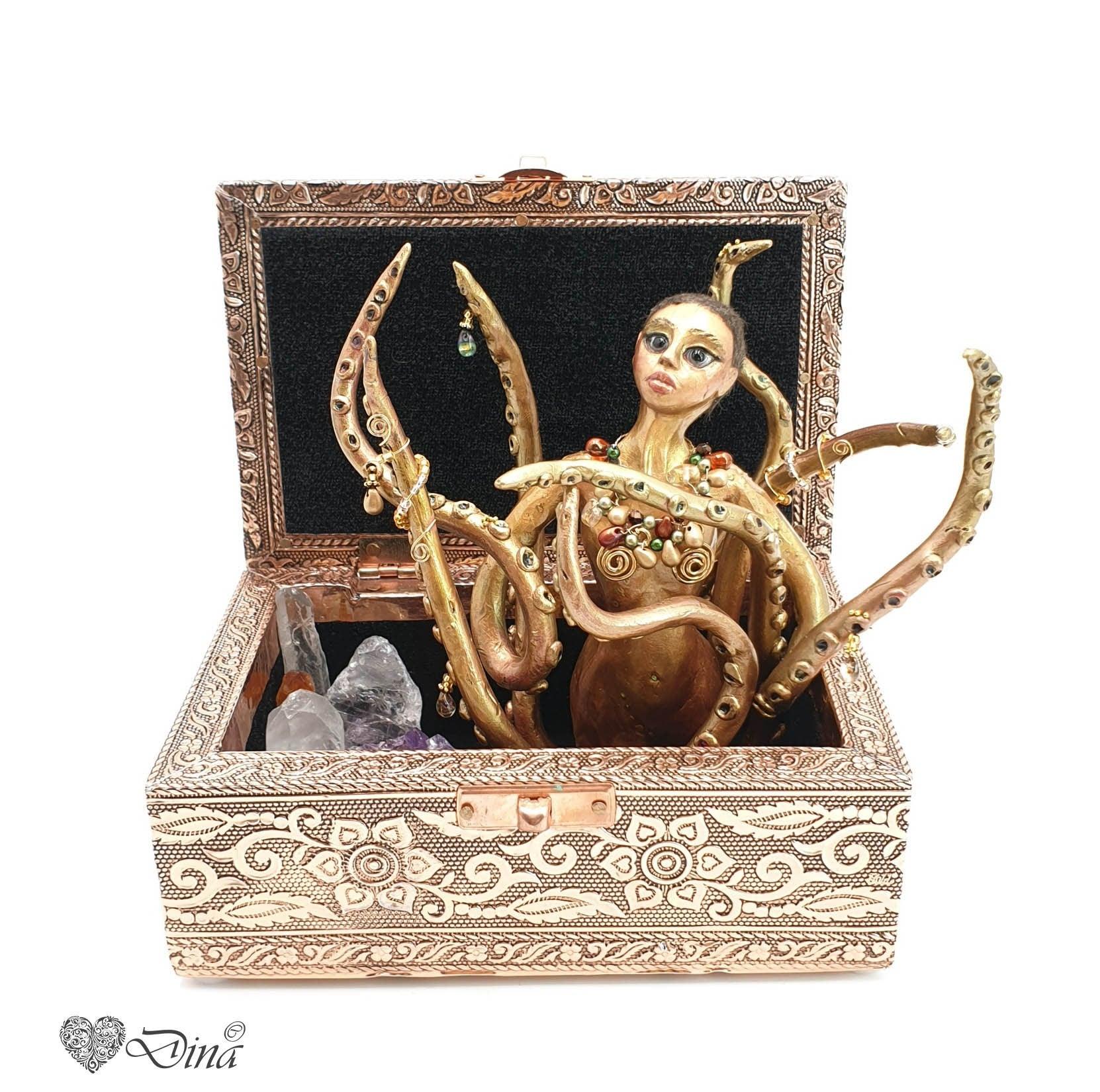 Sculpture - Octopus gold and crystal - mythical fantasy OOAK art doll in jewelry box - That Creative Feeling
