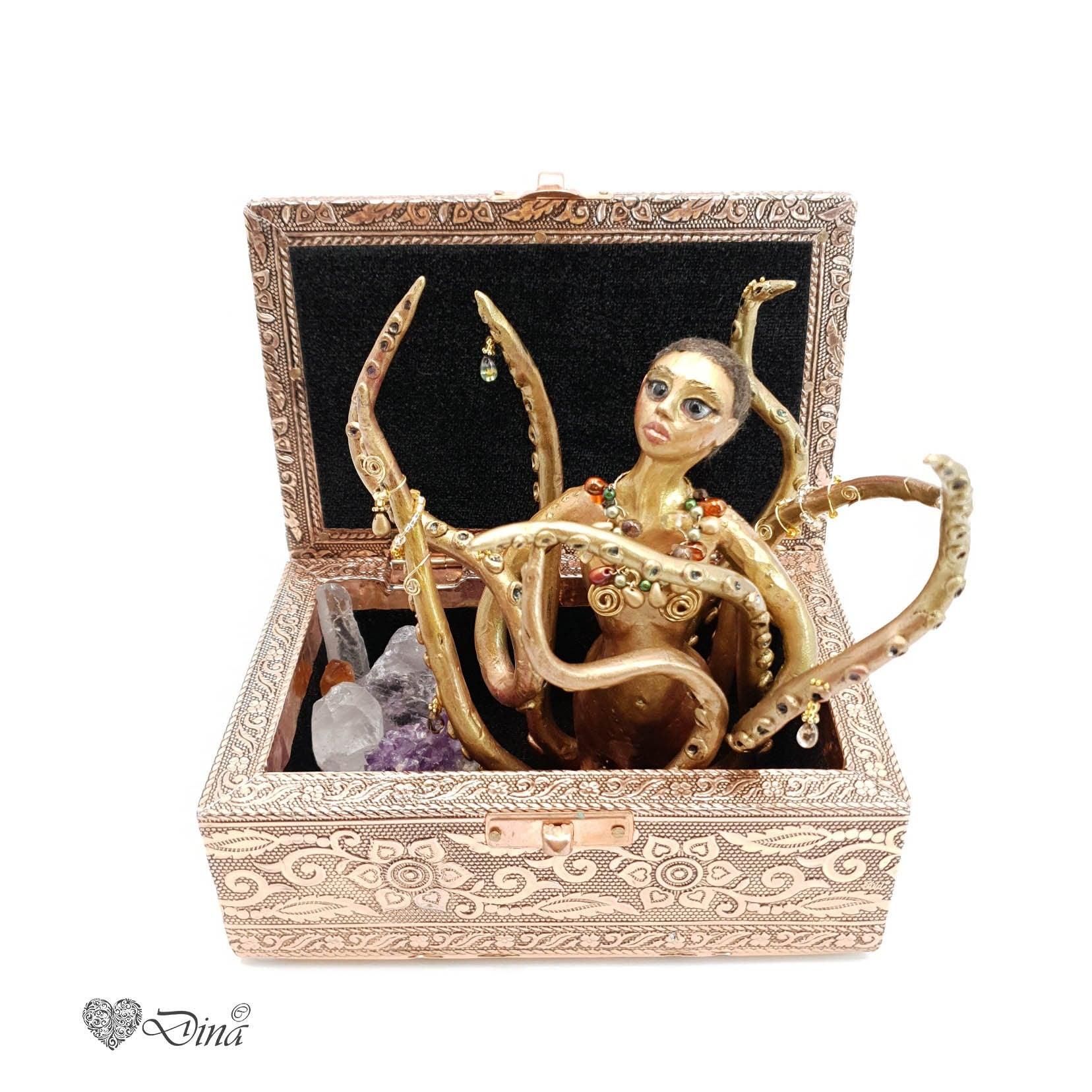 Sculpture - Octopus gold and crystal - mythical fantasy OOAK art doll in jewelry box - That Creative Feeling