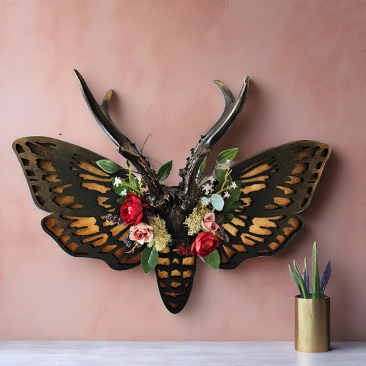 Roe deer antler on Death-head moth frame -  with dried flowers, crystal, moss and charms