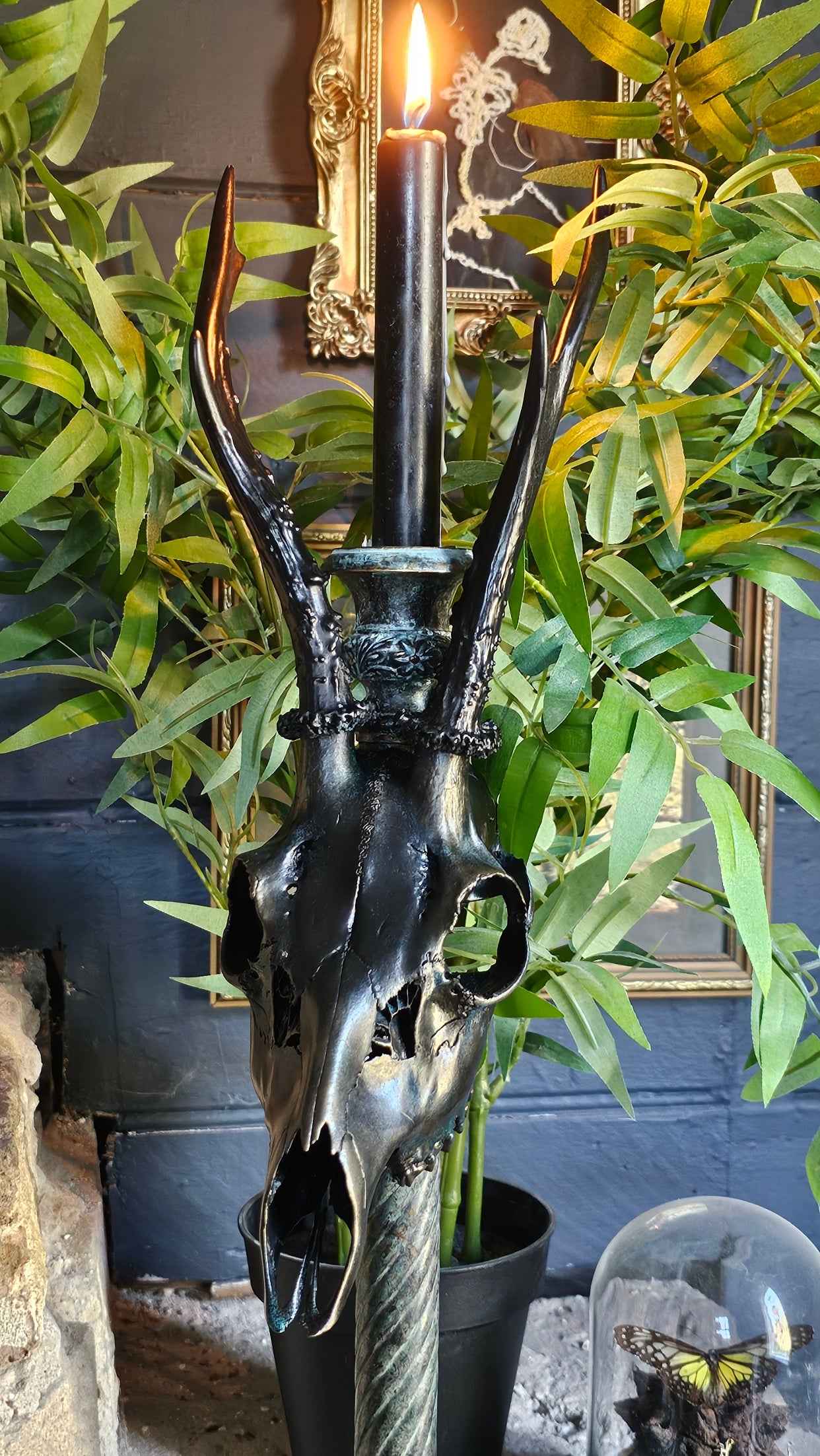 Roe deer skull on copper candle holder (60cm)