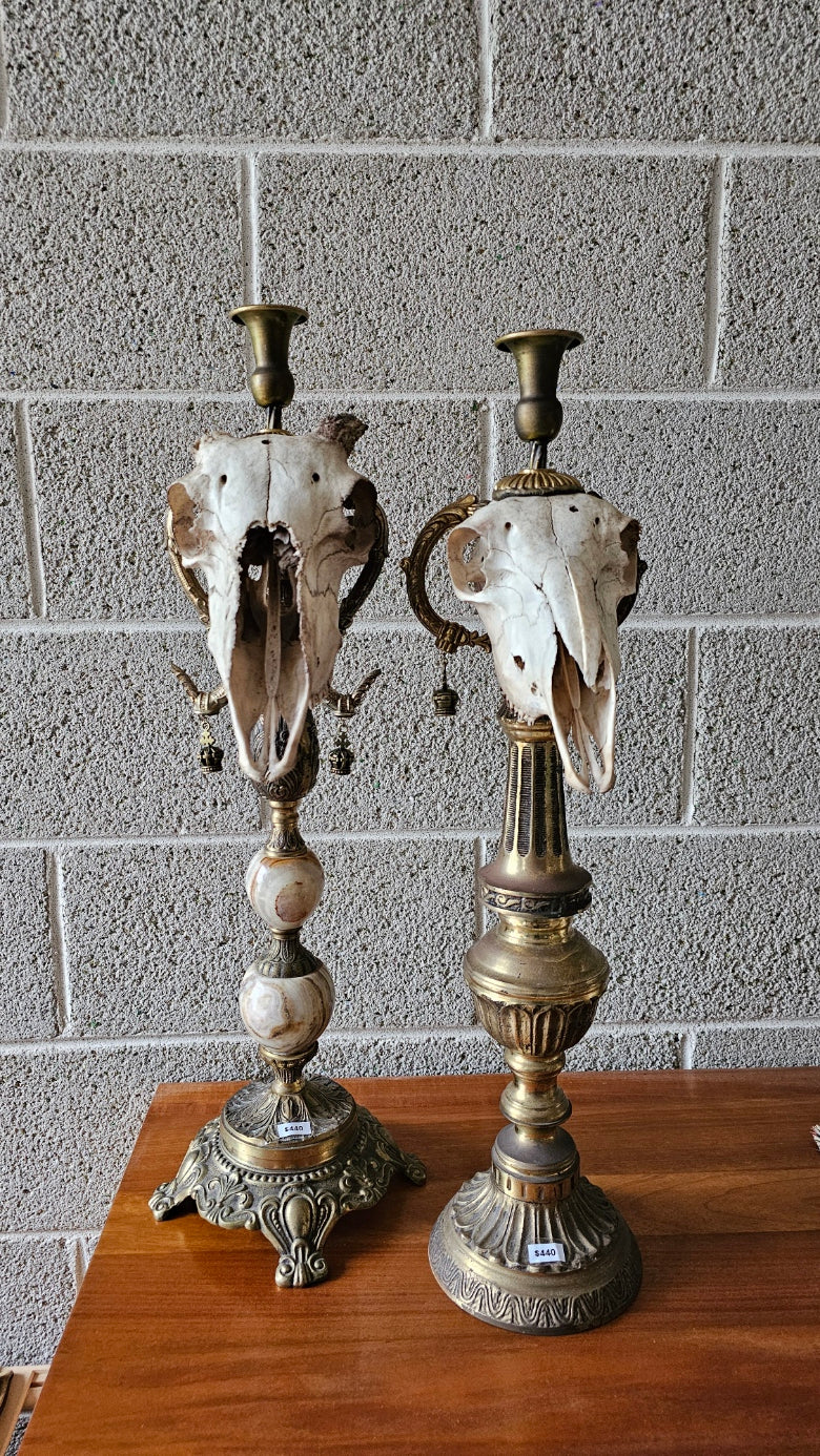 Candle holder - Sheep skull on vintage brass base