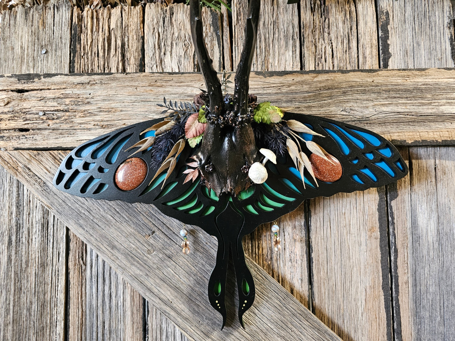 Antler art laser- Roe deer on Lunar moth frame with gemstones