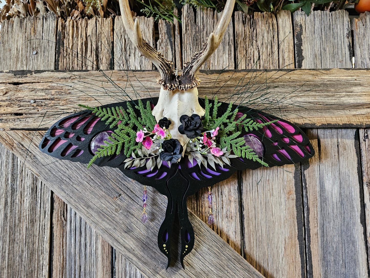 Antler art laser- Roe deer on Lunar moth frame with gemstones