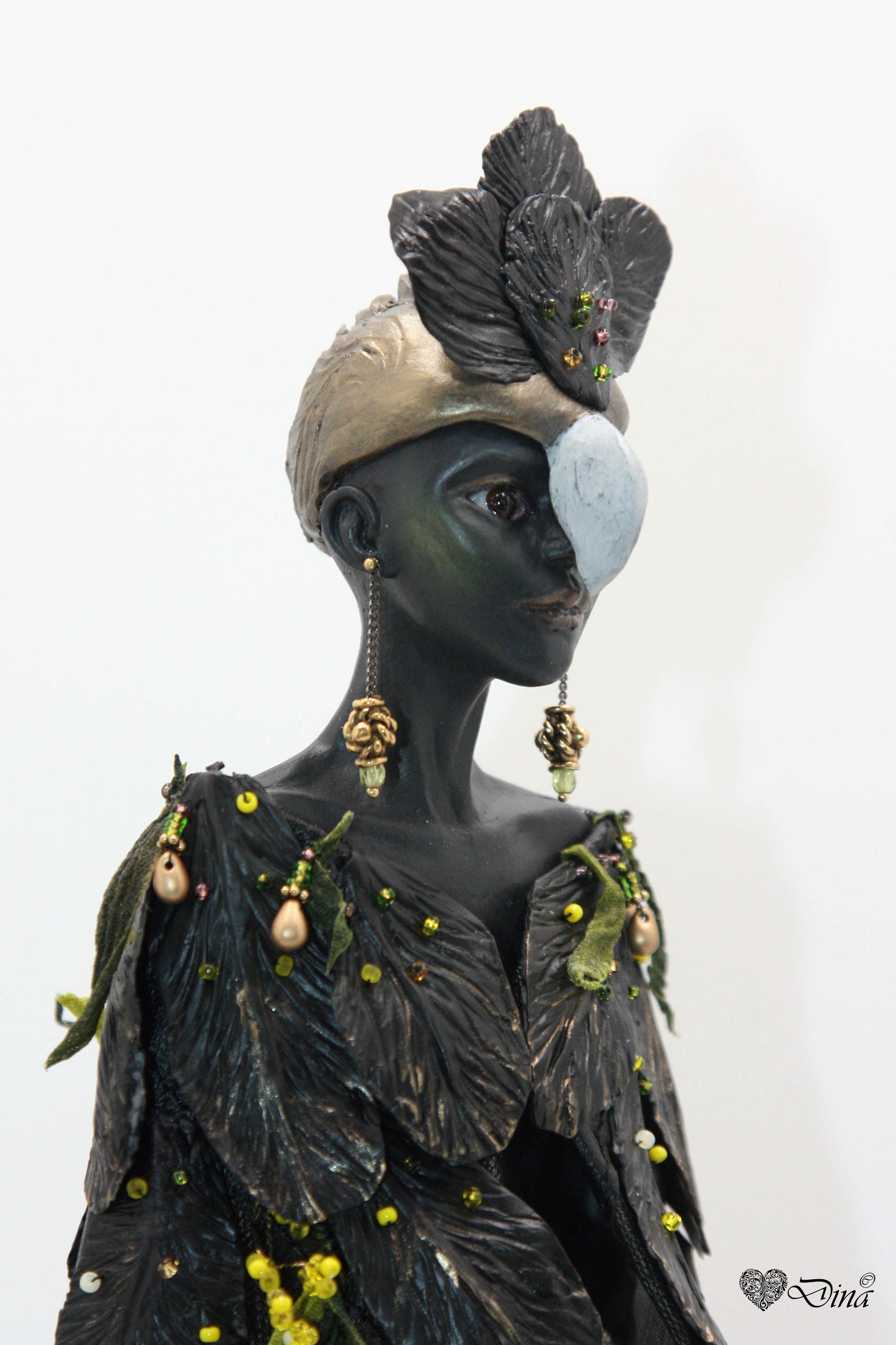 SOLD - 'Black Gold' - Fantasy art doll - Woman bird sculpture