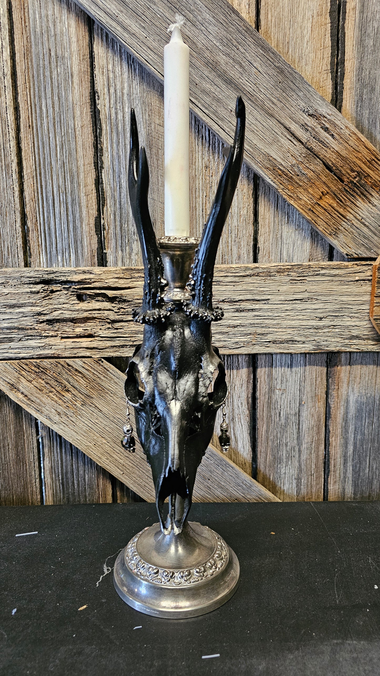 Candle holder - real roe deer skull on brass vintage candle stick