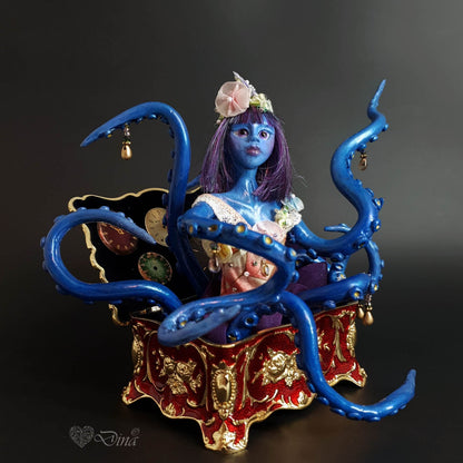 Sculpture - Octopus blue - fantasy OOAK art doll in jewelry box